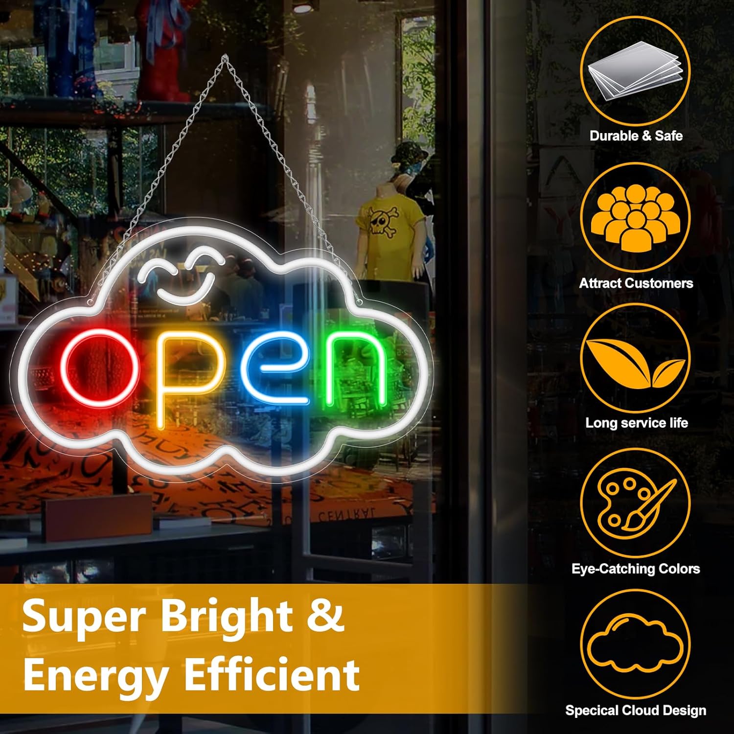 Panneau LED « OPEN » – Forme de nuage | Panneau néon arc-en-ciel fixe | 2 tailles | Suspension de vitrine | Plug & Play pour vitrines