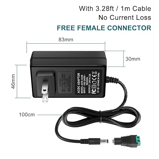 DC 24V Power Supply Adapter 60W, AC 100–240V to 24V Switching Transformer, LED Driver Wall Plug Charger with US Plug, Black Case