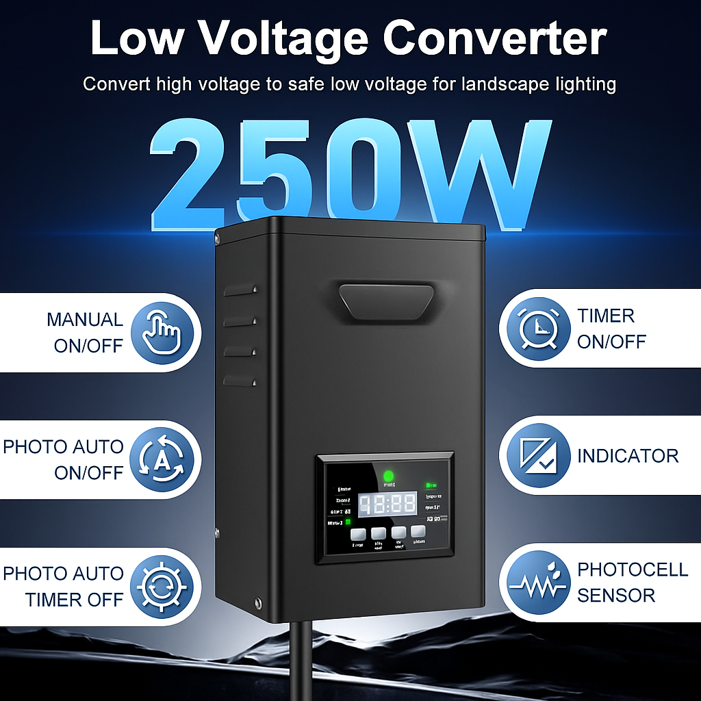200W / 250W Outdoor Low Voltage Lighting Transformer, Weatherproof 120V AC to 12V/15V AC Power Supply with Timer & Photocell for Yard & Garden Lights