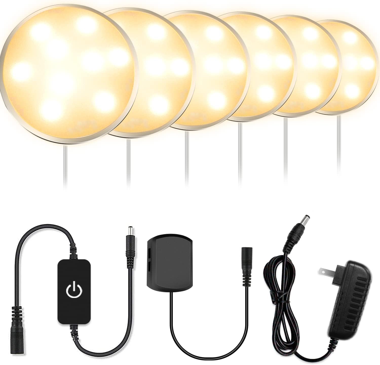 Lot de 3 ou 6 spots LED pour armoire – Blanc chaud / Blanc lumière du jour | Finition argentée | Adaptateur 12 V avec prise US/UK | Intensité réglable tactile | Fixation adhésive | Pour cuisine et sous-meubles