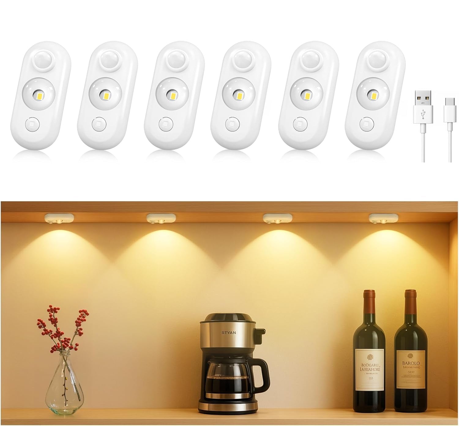4er/6er-Pack wiederaufladbare ovale LED-Schrankleuchte | Bewegungssensor, Tippschalter, dimmbar | Warm-/Tageslichtweiß | Schwarz-/Weiß-Finish | Magnethalterung für Schränke und Vitrinen
