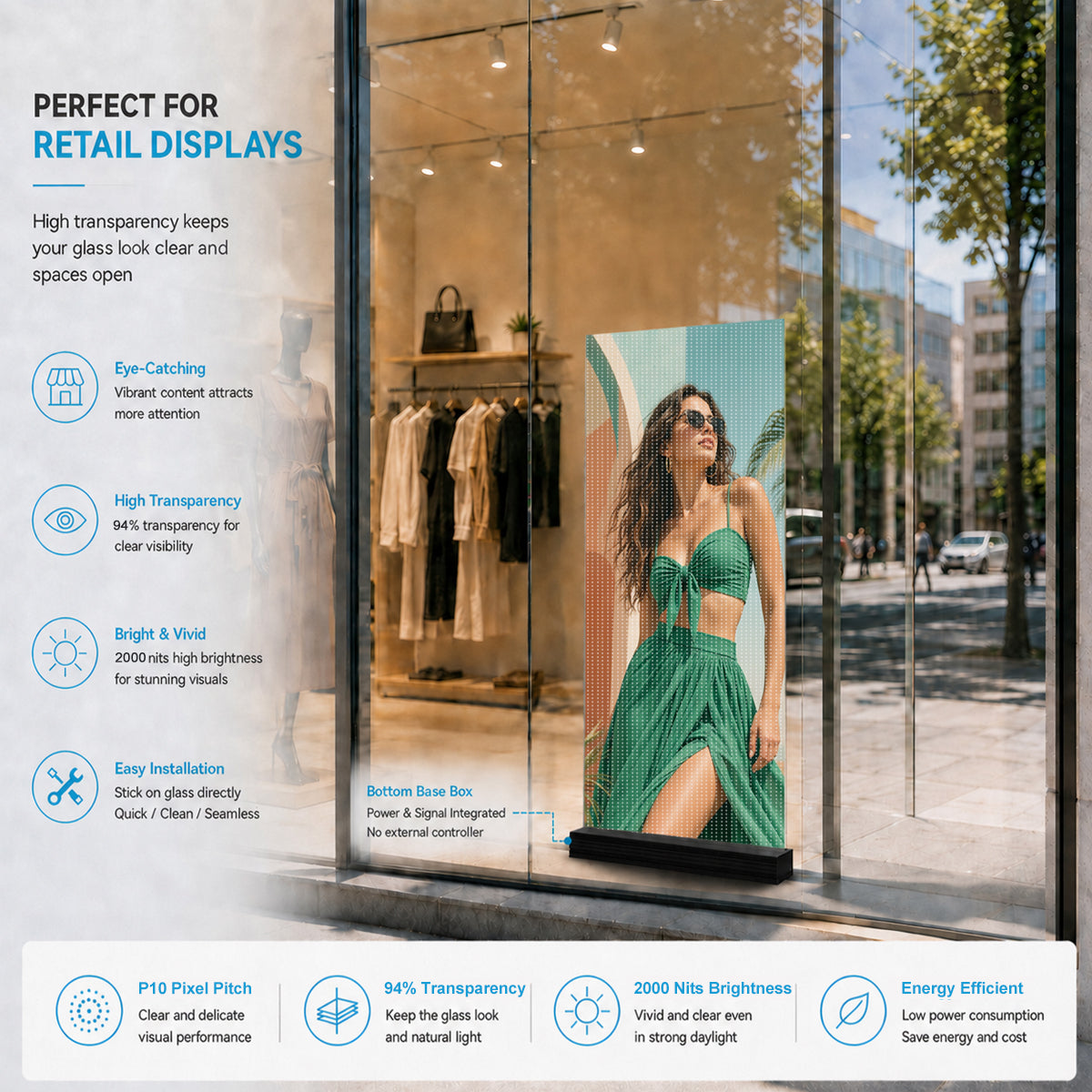 【Standard Modular Panel】HC Series P10 Large Panel Transparent Adhesive LED Film – 400×1000 mm (15.75×39.37 in) | 2000 / 4000nits | 94% / 89% Transparency Glass Sticker Display for Storefront Facades & Glass Walls | Multiple Kit Options | Plug & Play