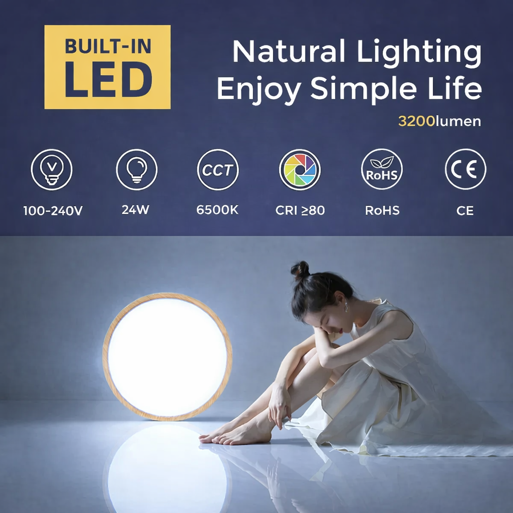 AC 220–240V Round LED Ceiling Light – Wood Grain – 24W – 3000K / 4500K / 5000K / 6500K – Flush Mount Ceiling Light – Local Stock (UK/DE)
