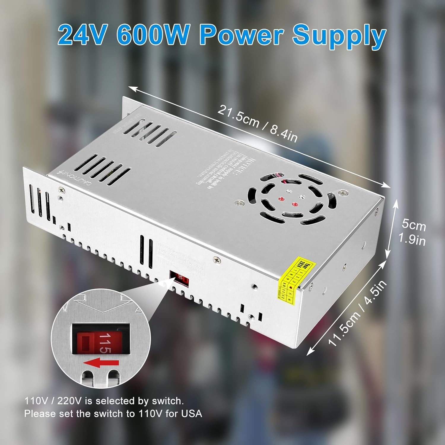 DC 12V/24V Switching Power Supply 300W–600W, AC 110/220V Input, High Power LED Driver Transformer, Cooling Fan Metal Case, CE/FCC/RoHS Certified