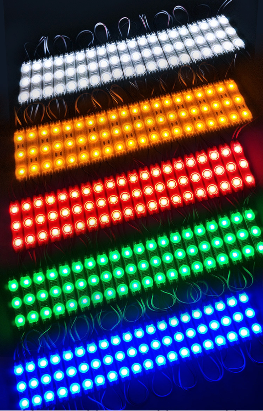 SMD2835 LED Module String – 3 LEDs/Module | 1.5 W 130 lm | 60×13 mm | DC 12 V | IP65 Waterproof with Adhesive Tape | for Light Box & Channel Letter Signage (20-pcs/String)– 10000K / 6500K / 4000K / 3000K / Red / Green / Blue / Yellow / Pink