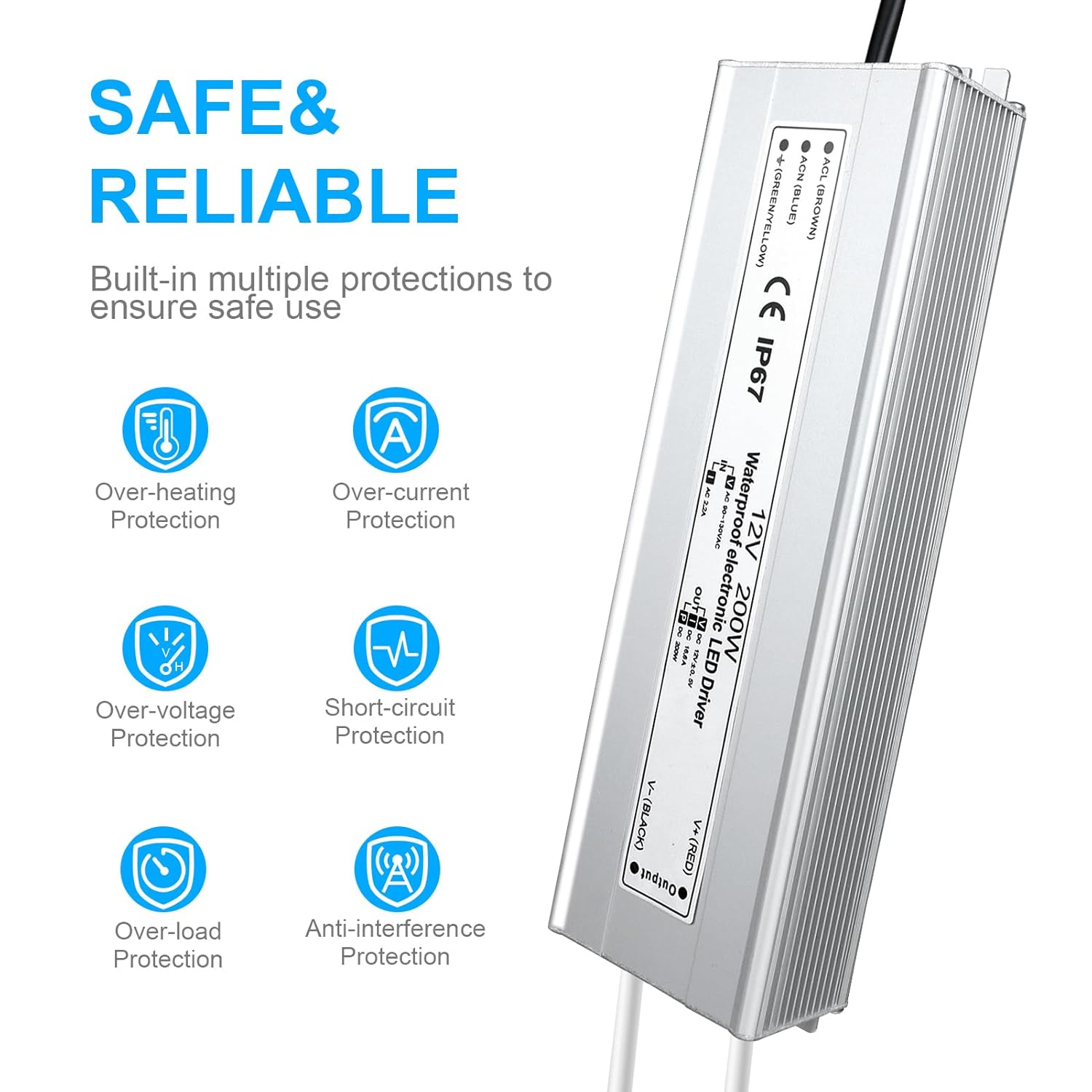 12V Waterproof LED Transformer, 90–140V Input, 200W–500W, Single/Dual Wire Output, CE/RoHS/FCC — US Plug & Wire Leads Options