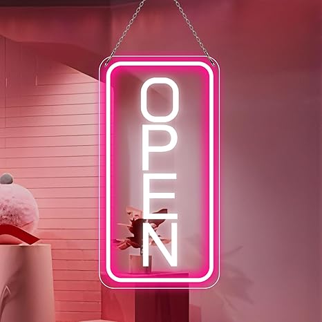 OPEN Neon LED Sign – Vertical Rectangular | 5 Glow Color Options | 16×9 / 23×12 inch | Window Hanging | Plug & Play for Storefronts