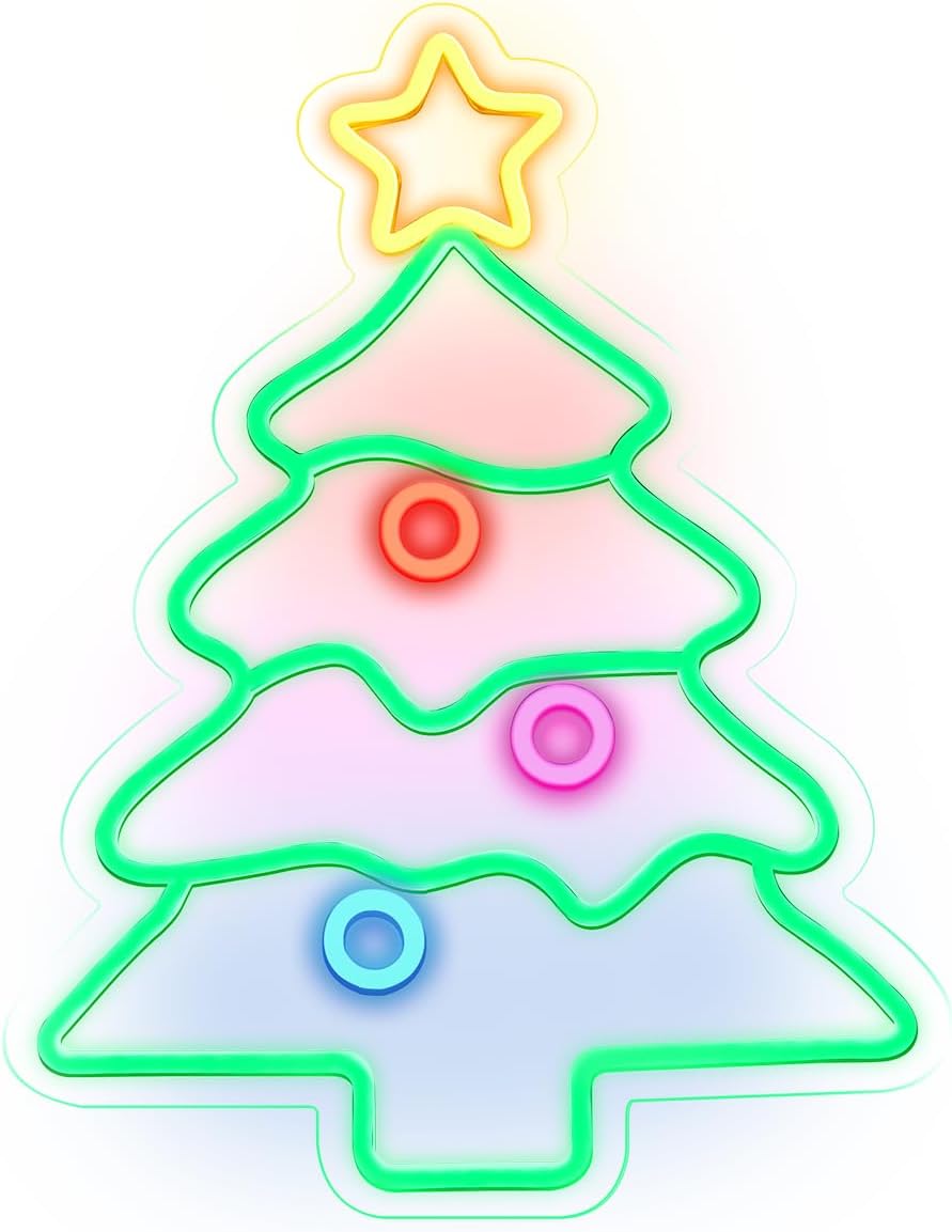 Good Vibes LED Sign – Christmas Tree Silicone Neon Sign – 18.5×14.17 Inch | USB Neon Light for Wall Decor | Dimmable Neon Lamp with Accessories Included | Hanging Holiday Decor for Christmas Party, Bedroom & Home Spaces