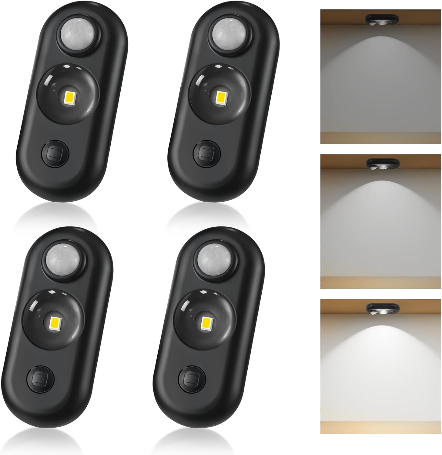 4/6 Pack Rechargeable Oval LED Closet Light | Motion Sensor, Tap Switch, Dimmable | Warm / Daylight White | Black / White Finish | Magnetic Mounting for Closets & Cabinets