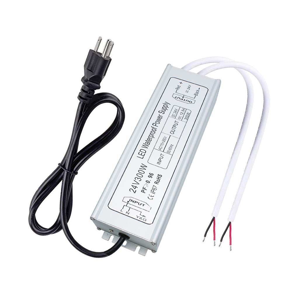 24V Waterproof LED Power Supply 30W–300W, 90–265V Input, Single/Dual Wire Output, Outdoor LED Driver, CE/RoHS/FCC — US/UK/EU Plug & Wire Leads Options