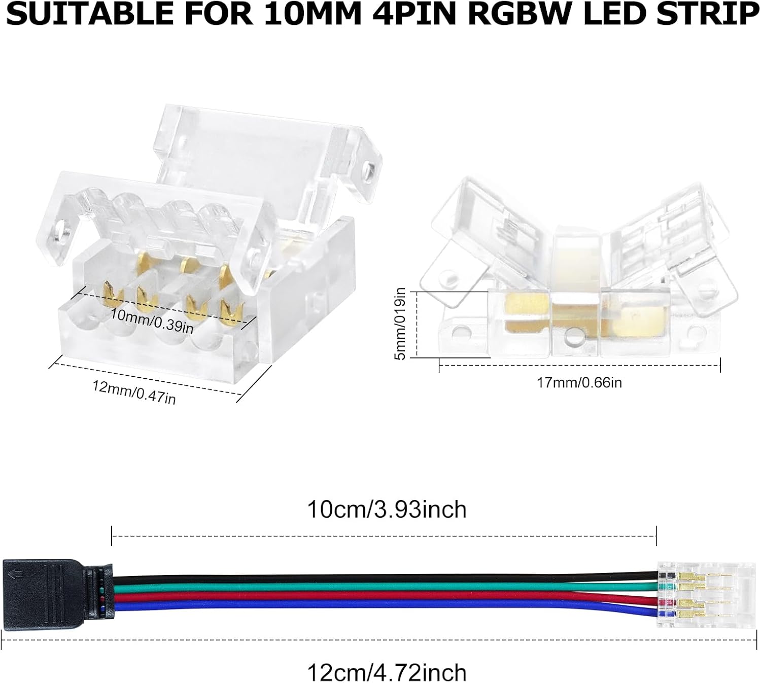 Transparent Crystal LED Strip Connectors – 10mm 4Pin Solderless Clips | Strip to Wire / Strip to Strip / Female Plug – Local Stock US/UK