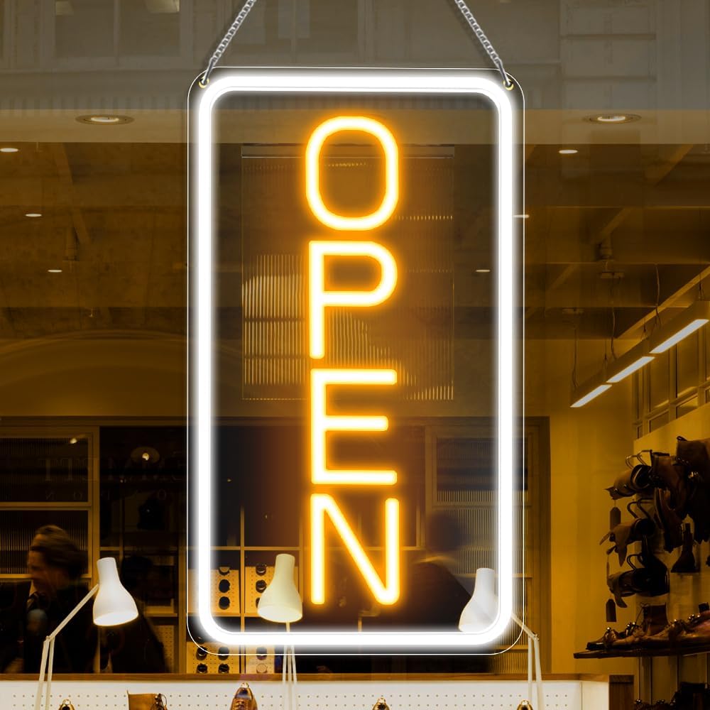 OPEN Neon LED Sign – Vertical Rectangular | 5 Glow Color Options | 16×9 / 23×12 inch | Window Hanging | Plug & Play for Storefronts