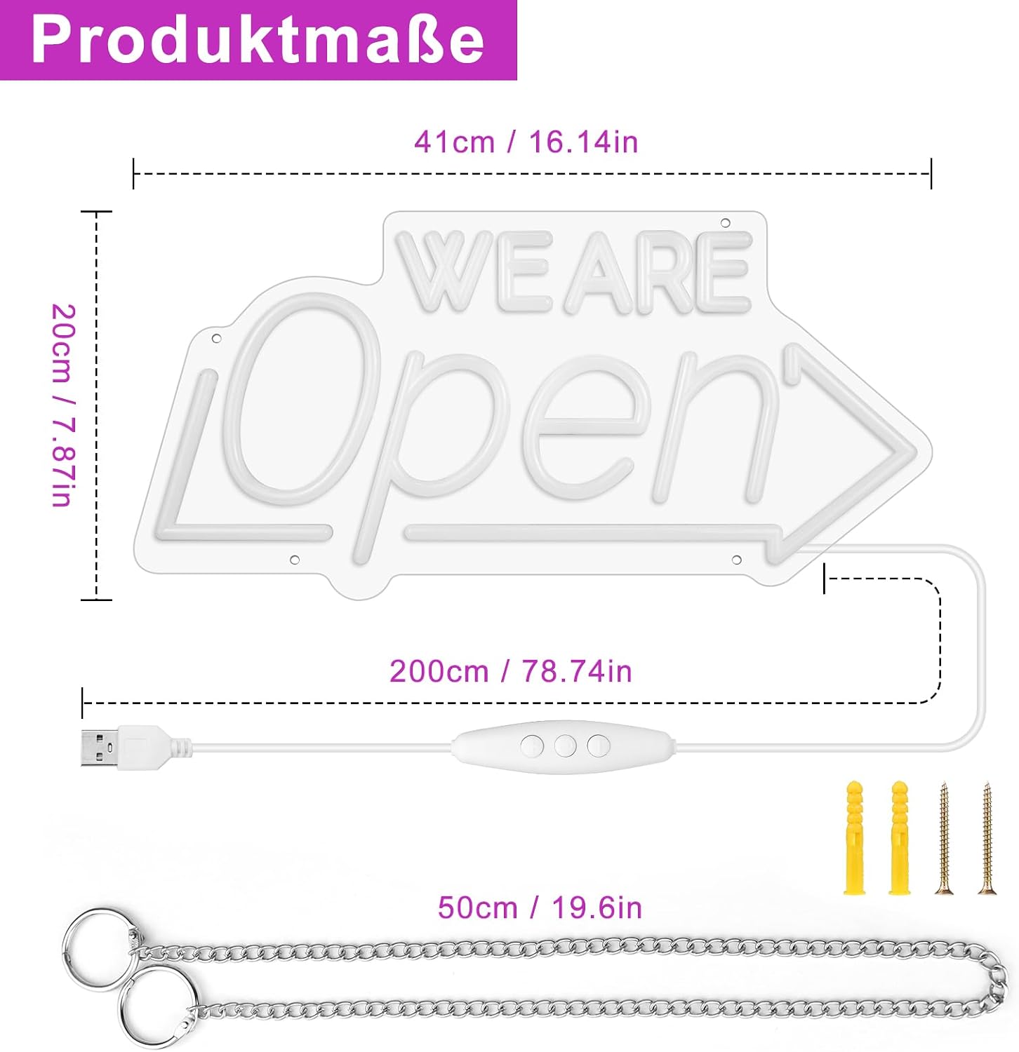 Enseigne néon « Ouvert » avec décor tournesol – Version USB | Blanc chaud / Jaune et blanc | 43 x 23 cm / 61 x 33 cm | Éclairage LED DC 5 V pour vitrine d'entreprise