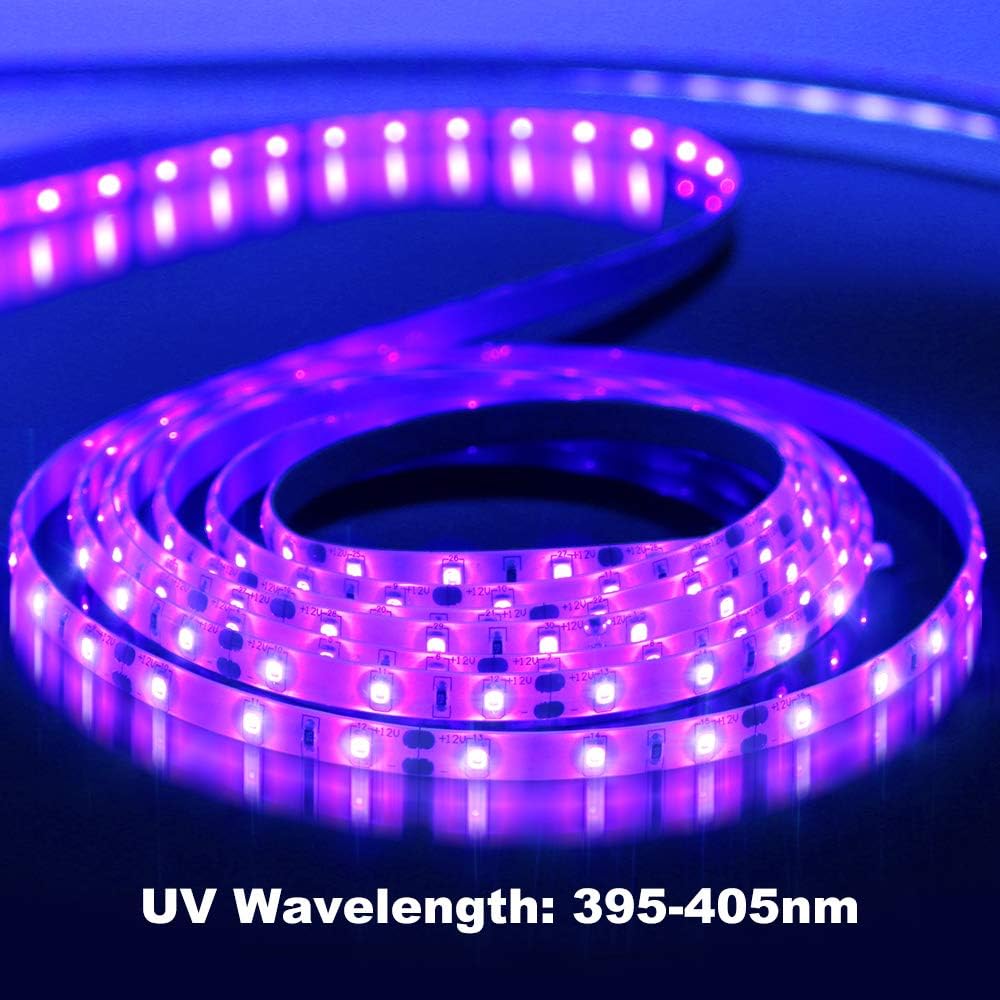 24W / 60W UV Black Light LED Strip – 16.4FT / 5M | SMD2835 | 60 LEDs/m (300 LEDs Total) | 395–405nm | Non-Waterproof / IP65 Waterproof | With Power Supply | For Night Fishing & Black Party