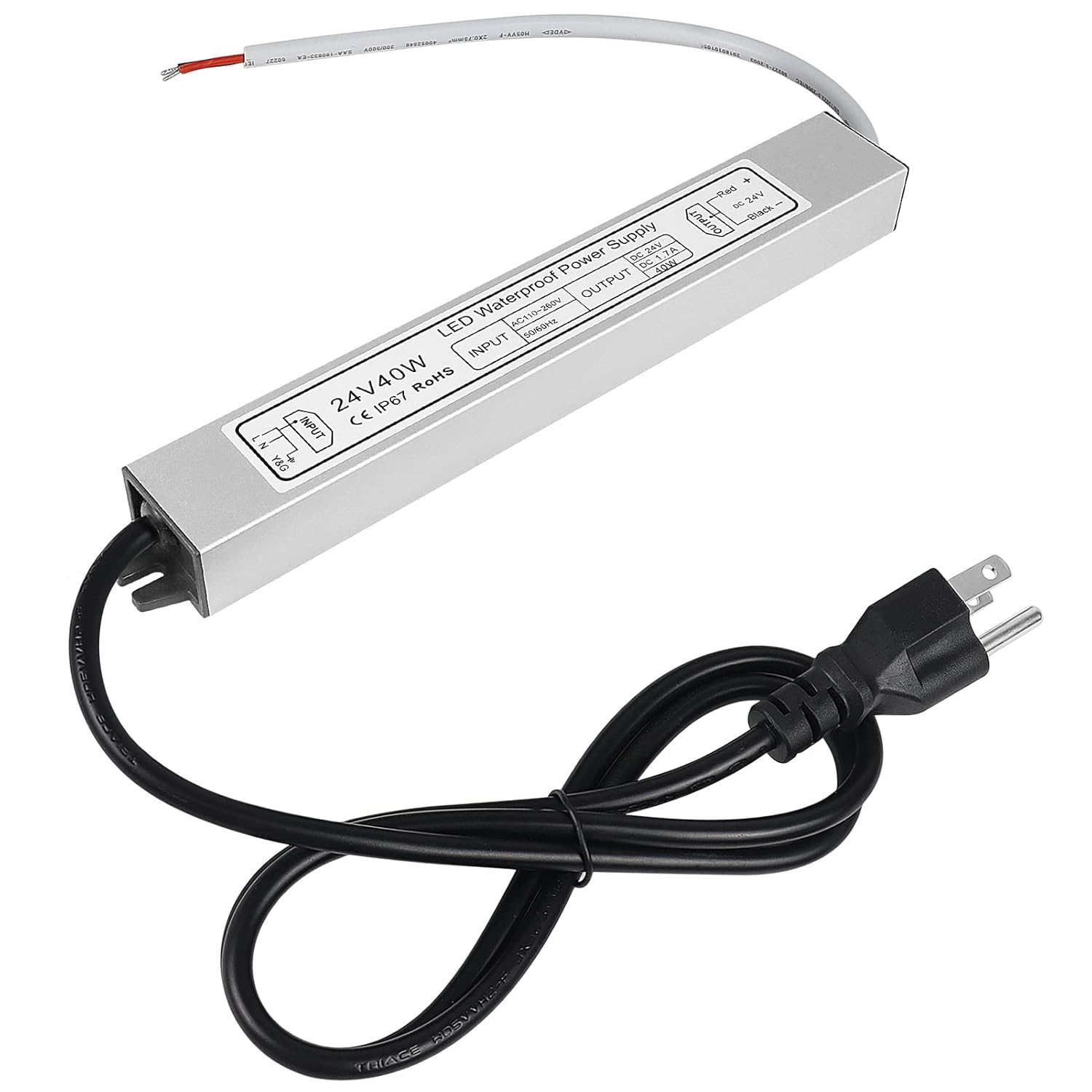 24V Waterproof LED Power Supply 30W–300W, 90–265V Input, Single/Dual Wire Output, Outdoor LED Driver, CE/RoHS/FCC — US/UK/EU Plug & Wire Leads Options