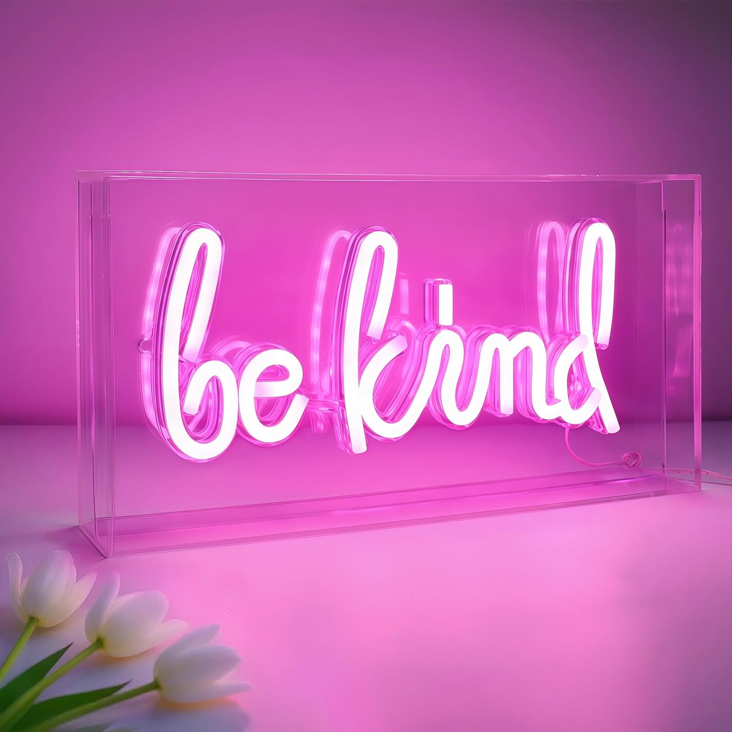 Panneau lumineux de bureau « BE KIND » – Rectangulaire 30,5 x 15,2 cm | Blanc chaud/rose | Alimentation USB | Présentoir de table | Pour chambre de fille, chambre à coucher, pub, hôtel, plage, etc.
