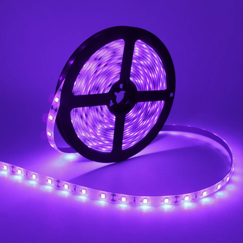 24W / 60W UV Black Light LED Strip – 16.4FT / 5M | SMD2835 | 60 LEDs/m (300 LEDs Total) | 395–405nm | Non-Waterproof / IP65 Waterproof | With Power Supply | For Night Fishing & Black Party