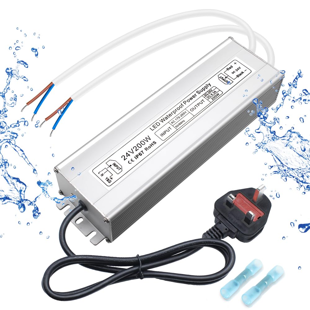 24V Waterproof LED Driver, 175–265V Input, 200W–500W, Single/Dual Wire Output, Outdoor Power Adapter, CE/RoHS/FCC — UK/EU Plug & Wire Leads Options