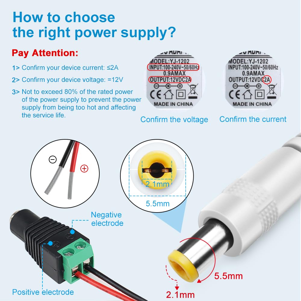 DC 12V Power Supply Adapter with On/Off Switch, 12W/24W/36W Options, US Plug, Black/White Housing, 100–240V AC Input, Wall Plug Charger for LED Strip Lights and Electronics