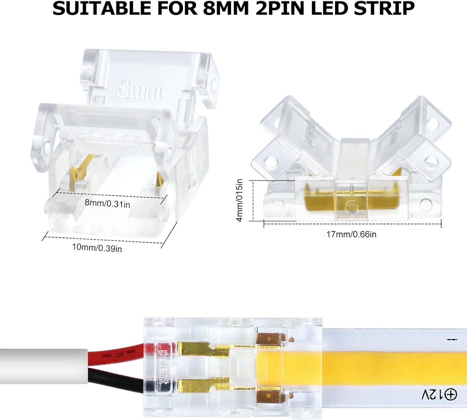 Connecteurs pour bande LED en cristal transparent – Clips sans soudure 10 mm 4 broches | Bande à fil / Bande à bande / Fiche femelle – Vente en gros, 500 pièces, MOQ | Direct usine
