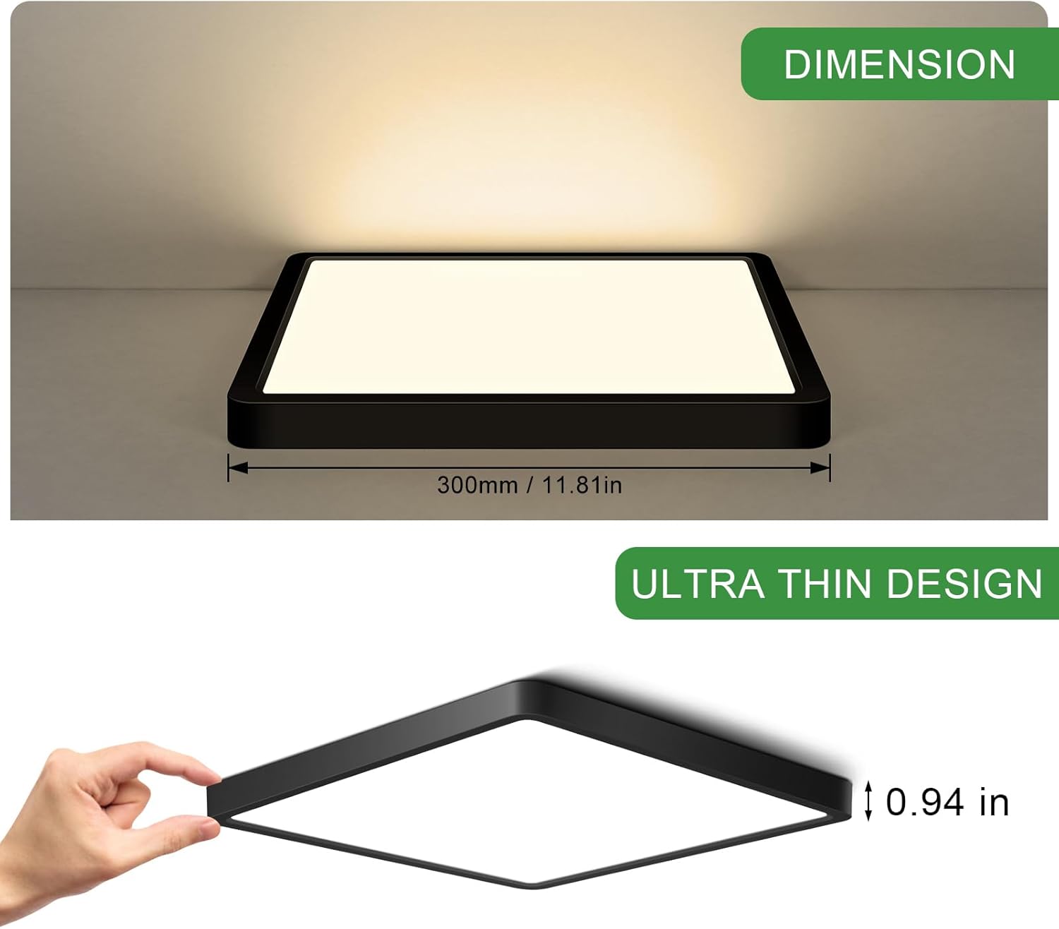 12.0 Inch Square LED Ceiling Light – 24W – Black – 3000K / 4500K / 5000K / 6500K – Flush Mount Ceiling Light – Local Stock (US/UK/DE)