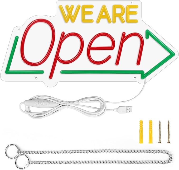 Bright Open Signs for Business, 16.1"X 7.8" Dimmable Open Sign Powered by USB, Red&Green&Yellow Christmas Neon LED Sign, We Are Open Sign for Door Windows