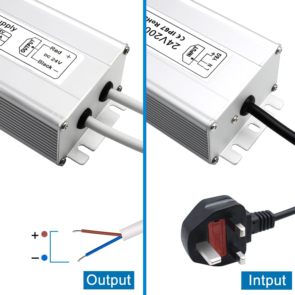 Pilote LED étanche 24 V, entrée 175–265 V, 200–500 W, sortie simple/double fil, adaptateur secteur extérieur, CE/RoHS/FCC — Options de fiches et de câbles UK/EU