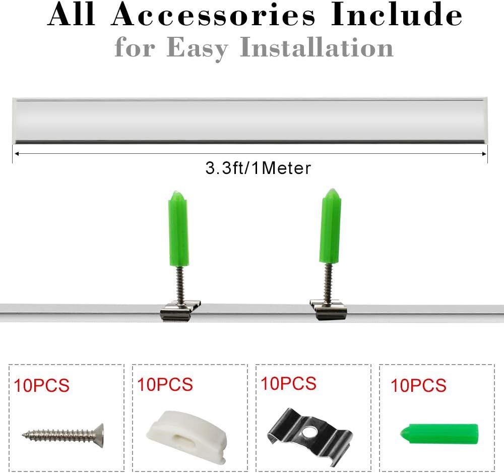 Profilés LED flexibles en aluminium en forme de U – Convient aux bandes LED de 1 à 12 mm | 1 mètre | Argent | Revêtement blanc laiteux | Avec accessoires d'installation | Lot de 6 | Stock local États-Unis/Royaume-Uni