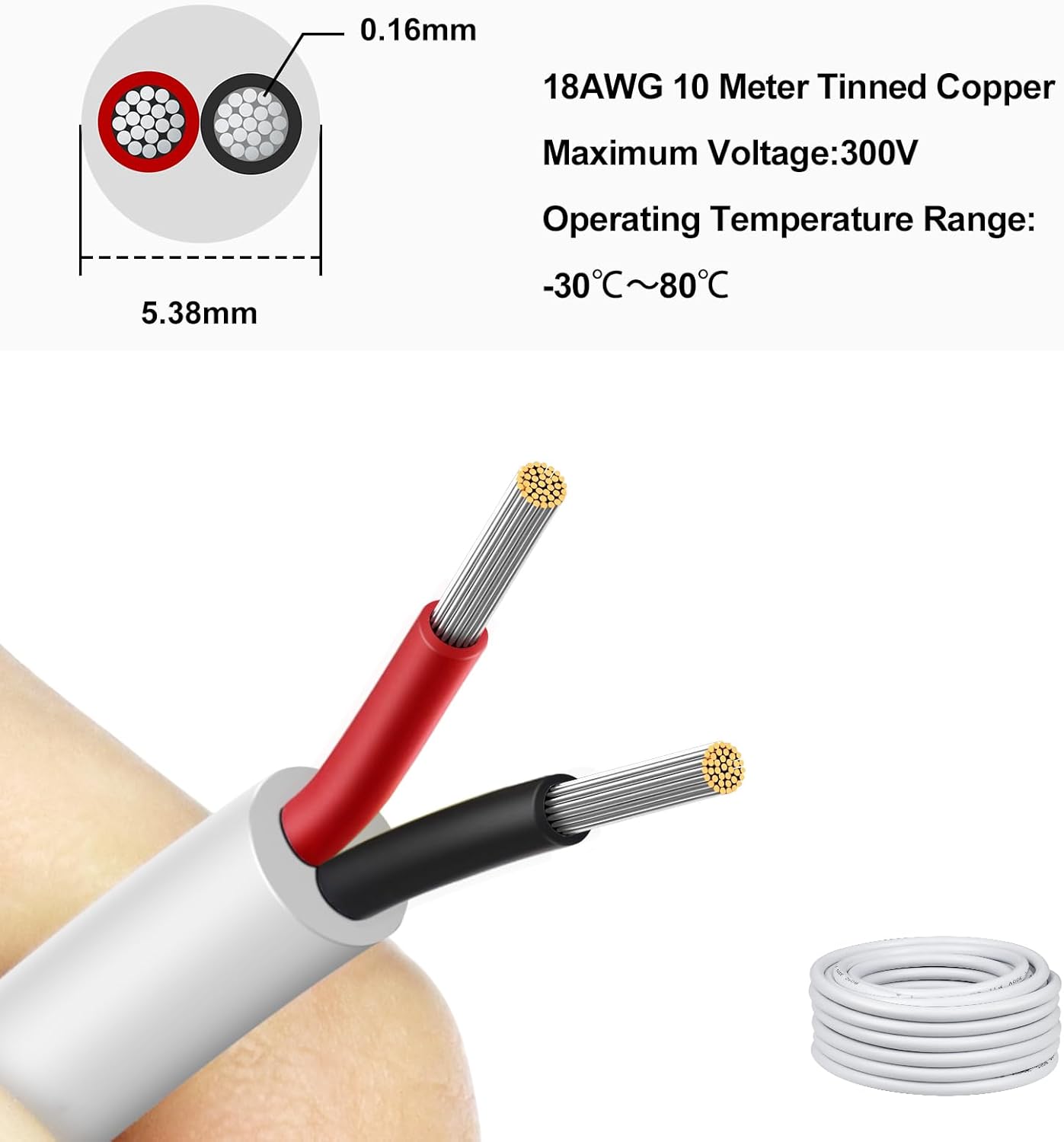 18 AWG Multi-Conductor Cable, 2/3/4/5 Core Stranded Tinned Copper Wire, Black/White PVC Jacket Extension Cord for Electrical Installations, 10/20/50m (33ft–165ft) Options