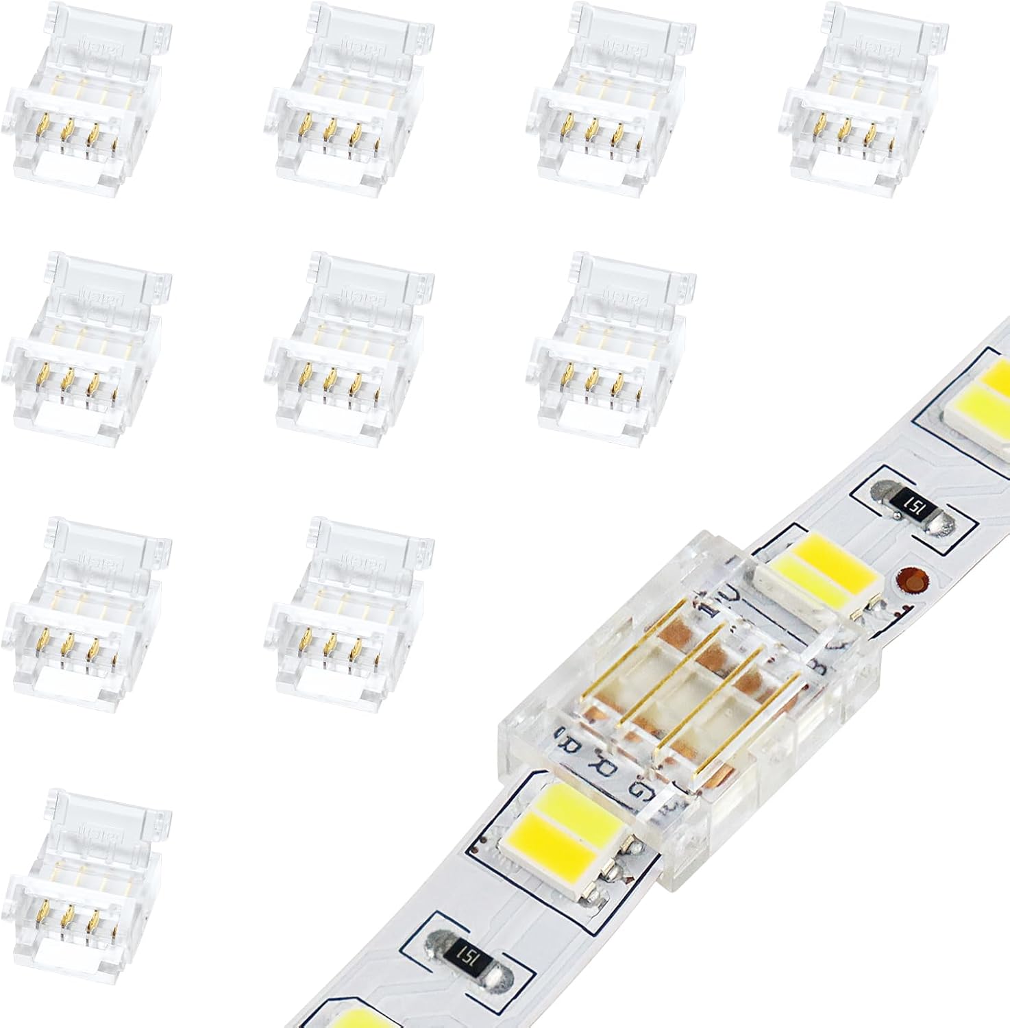 Connecteurs pour bande LED en cristal transparent – Clips sans soudure 10 mm 4 broches | Bande à fil / Bande à bande / Fiche femelle – Vente en gros, 500 pièces, MOQ | Direct usine