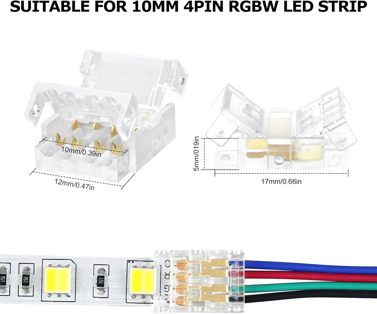 Connecteurs pour bande LED en cristal transparent – Clips sans soudure 10 mm 4 broches | Bande à fil / Bande à bande / Fiche femelle – Vente en gros, 500 pièces, MOQ | Direct usine