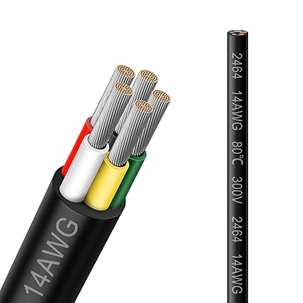14 AWG Electrical Wire, 2/3/4/5 Conductor Stranded Tinned Copper Cable, Black/White PVC Multi-Core Extension Cord, Flexible Control Wire — 10/20/50m (33ft–165ft) Options
