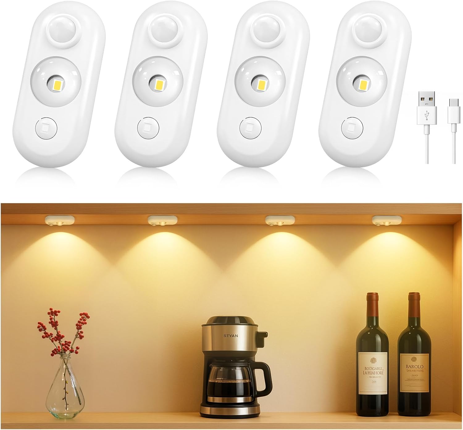 4/6 Pack Rechargeable Oval LED Closet Light | Motion Sensor, Tap Switch, Dimmable | Warm / Daylight White | Black / White Finish | Magnetic Mounting for Closets & Cabinets