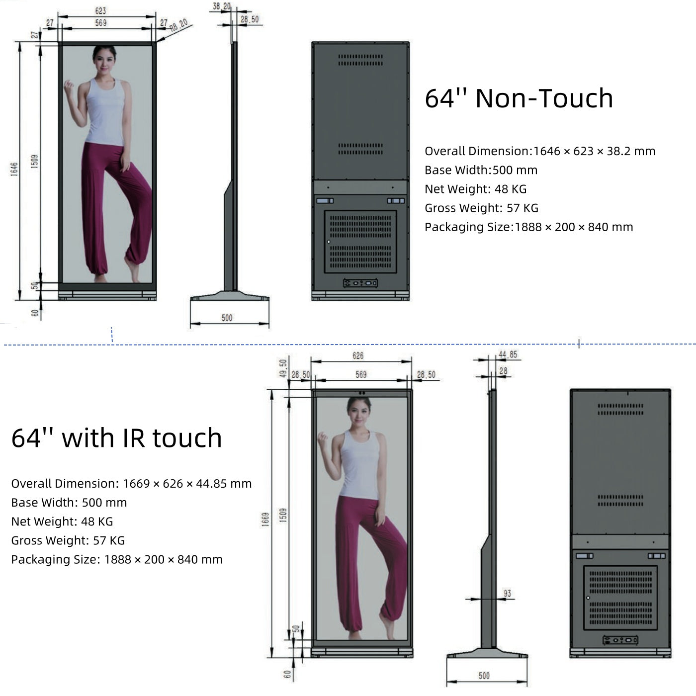 64’’ Single-Sided Full Screen Digital Signage Display, 4K UHD Indoor Floor Standing Advertising Kiosk, Android Smart Digital Poster Screen with HDMI/WiFi/USB Remote Control