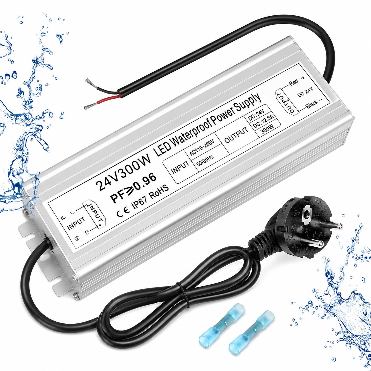 24V Waterproof LED Power Supply 30W–300W, 90–265V Input, Single/Dual Wire Output, Aluminum Housing, Outdoor LED Driver, CE/RoHS/FCC — US/UK/EU Plug & Wire Leads Options