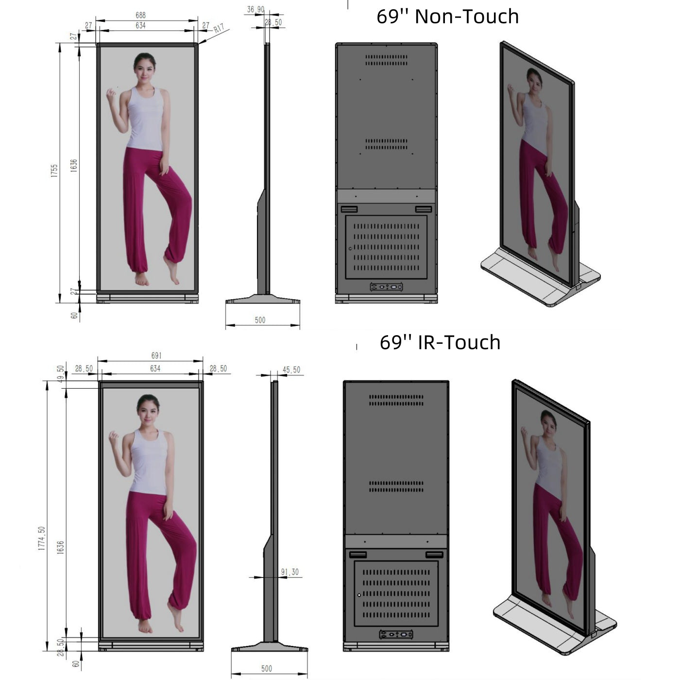 69’’ Floor Standing Full Screen Digital Signage Display, 4K UHD Indoor Advertising Kiosk, Android 11 Smart Digital Poster Screen with HDMI/WiFi/USB, Optional IR Touch