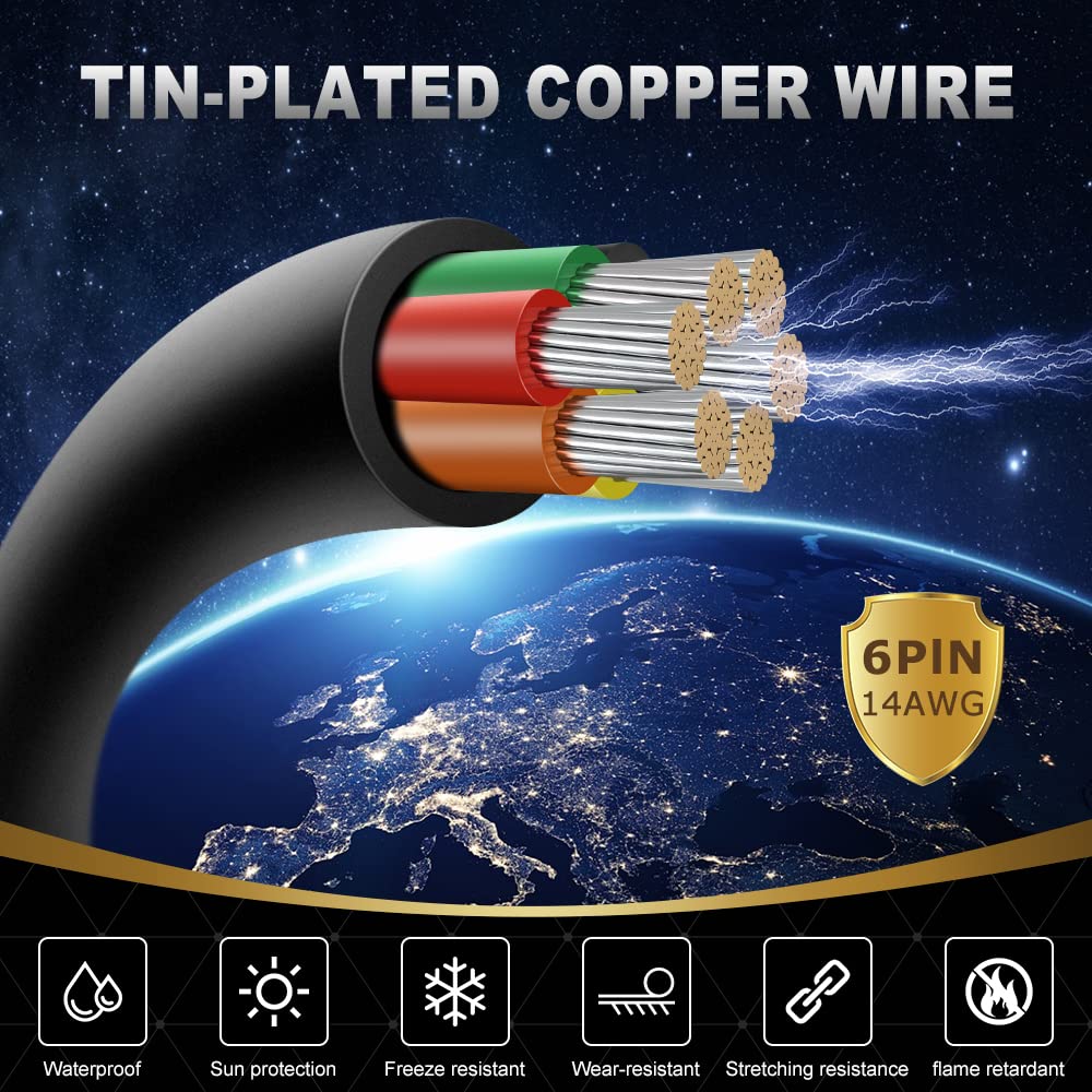 14 AWG Electrical Wire, 6/7/8 Conductor Stranded Tinned Copper Cable, Black/White PVC Multi-Core Power Cord, Flexible Control Extension Cable — 10/20/50m (33ft–165ft) Options