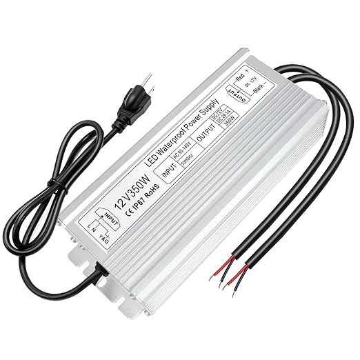 12V Waterproof LED Transformer, 90–140V Input, 200W–500W, Single/Dual Wire Output, Aluminum Housing, CE/RoHS/FCC — US Plug & Wire Leads Options