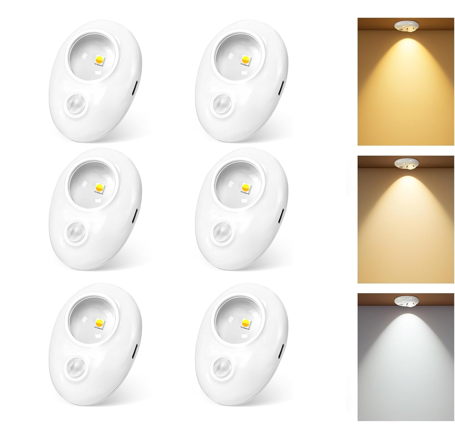4er/6er-Pack wiederaufladbare Pebble LED-Schrankleuchte | 1 LED, 3 Farbmodi (3000 K / 4000 K / 6000 K) | Bewegungssensor, Tippschalter, dimmbar | Weißes Finish | Magnetbefestigung