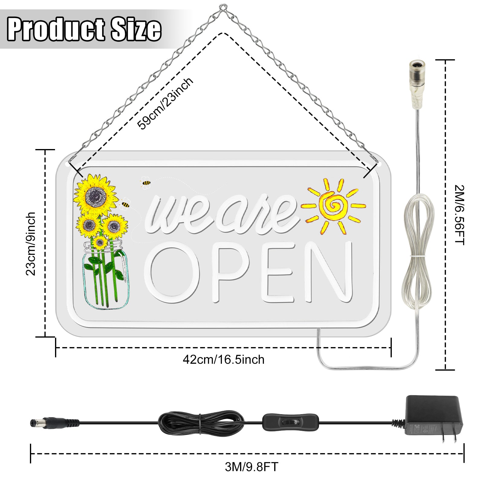 Enseigne néon « Ouvert » avec décor tournesol – Version USB | Blanc chaud / Jaune et blanc | 43 x 23 cm / 61 x 33 cm | Éclairage LED DC 5 V pour vitrine d'entreprise