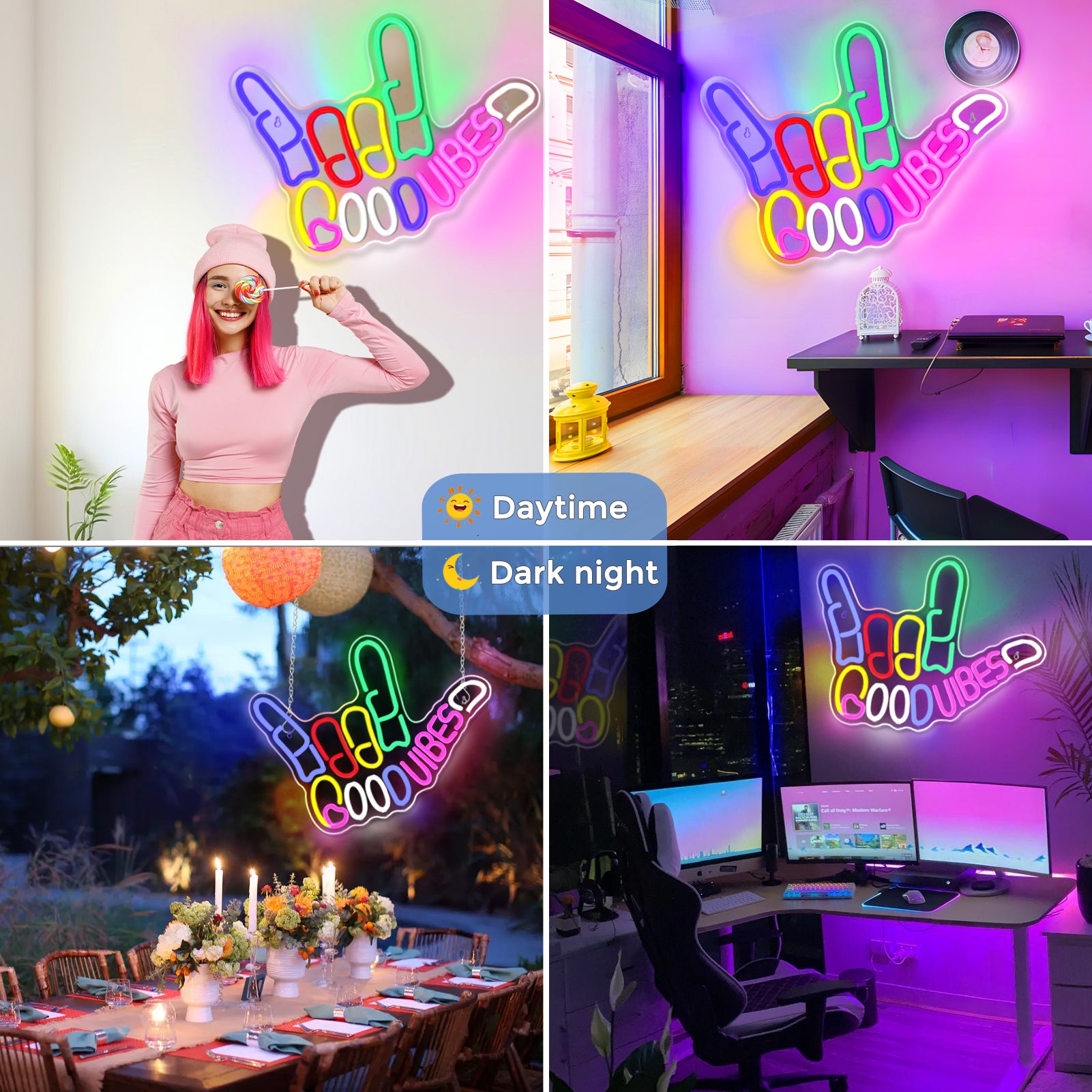 Good Vibes Neon Sign with Love Hand Gesture – 17×13” | USB Powered | Multi-Color LED Wall Decor for Ambiance & Vibe Enhancement | Hanging