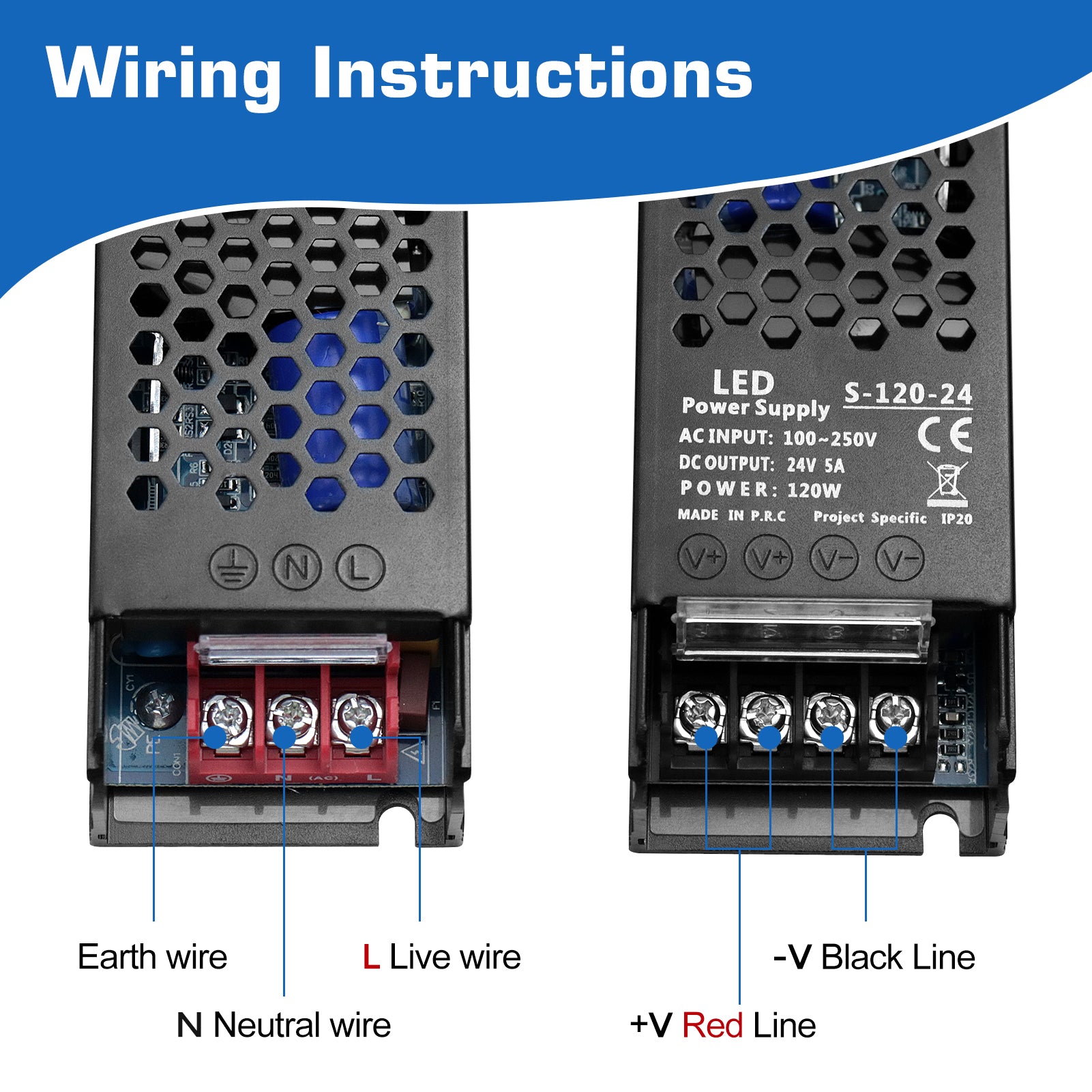 DC 12V/24V Slim Black Switching Power Supply 36W–200W, AC 110–250V Input, Narrow Type LED Transformer, Compact Metal Housing, CE/FCC/RoHS Certified
