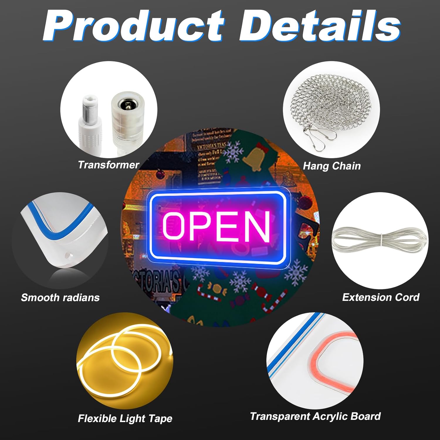 LED-Neonschild „OPEN“ – rechteckig | 4 Leuchtfarbenoptionen | 16×9 / 23×12 Zoll | Fensteraufhängung | Plug & Play für Schaufenster