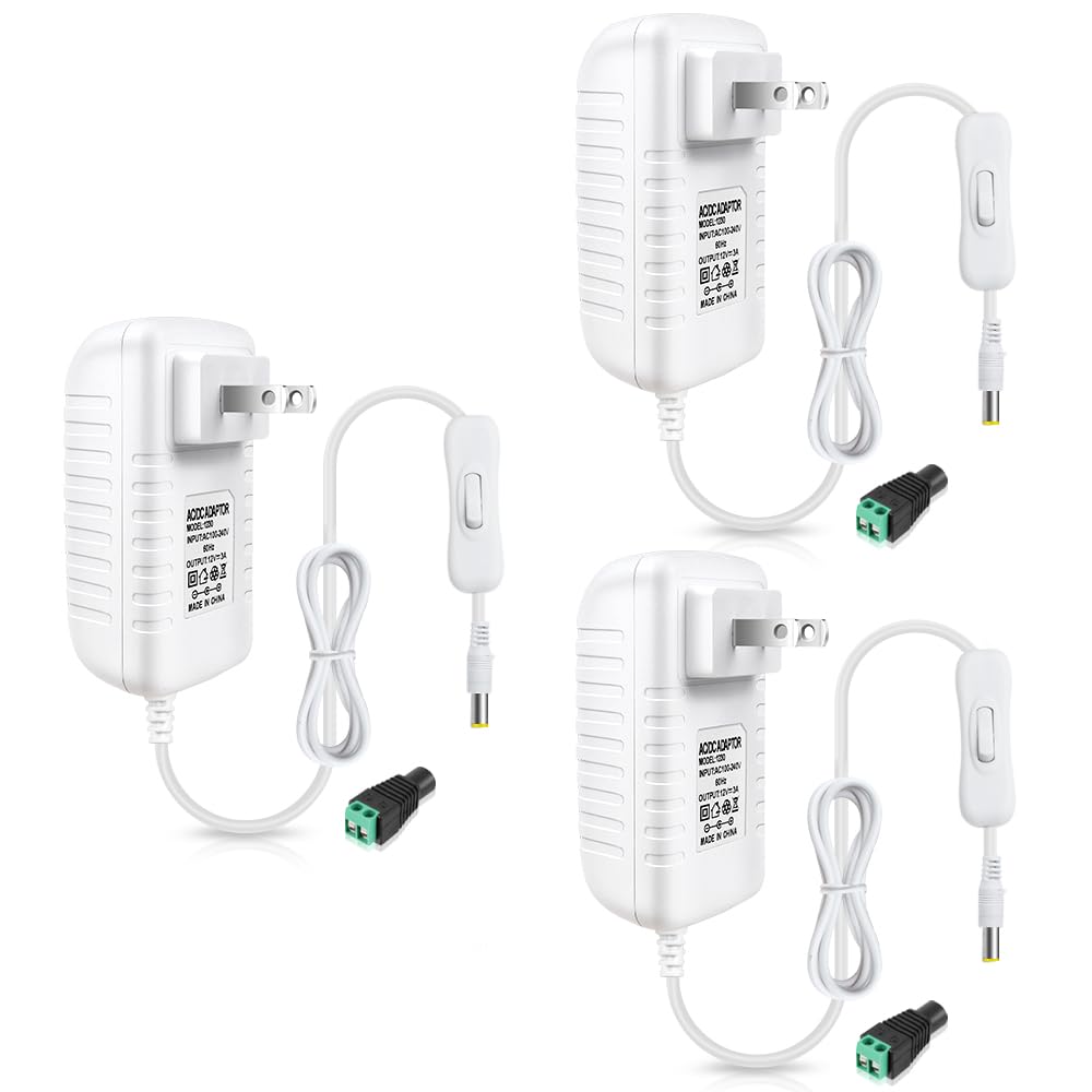 DC 12V Power Supply Adapter with On/Off Switch, 12W/24W/36W Options, US Plug, Black/White Housing, 100–240V AC Input, Wall Plug Charger for LED Strip Lights and Electronics