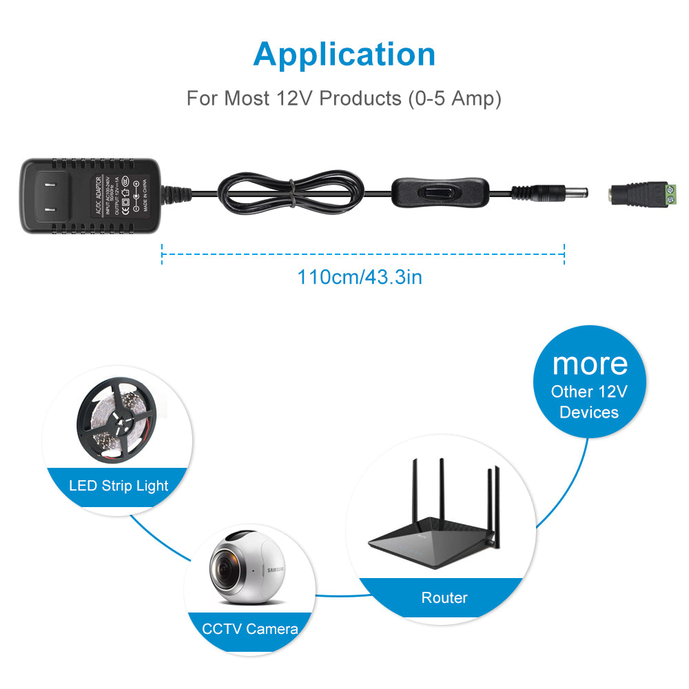 DC 12V Power Supply Adapter with On/Off Switch, 12W/24W/36W Options, US Plug, Black/White Housing, 100–240V AC Input, Wall Plug Charger for LED Strip Lights and Electronics