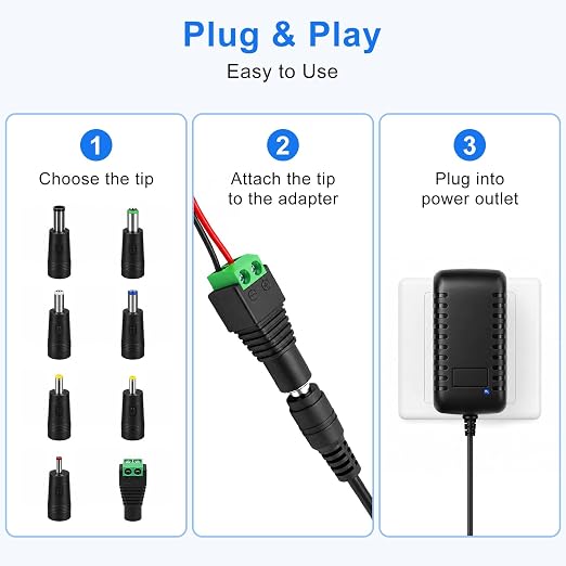 12V 24W Wall Plug Power Supply - AC 100-240V Input, Black Housing with US Plug for LED Strip Lights, Router and Electronic Devices