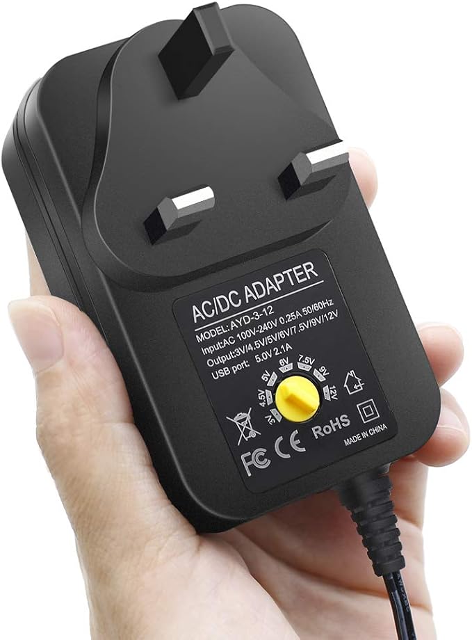 3V-12V Wall Plug Power Supply - AC 100-240V Input, Black Housing with UK Plug for LED Strip Lights, Router and Electronic Devices