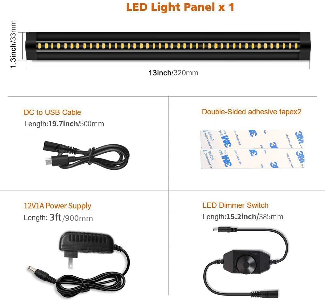 1/2/3 Pack 13 Inch Under Cabinet Light – 12V 5W | Warm / Nature White | Knob Dimmer | Adhesive Mount | Slim Design for Kitchen & Closet – Black Finish