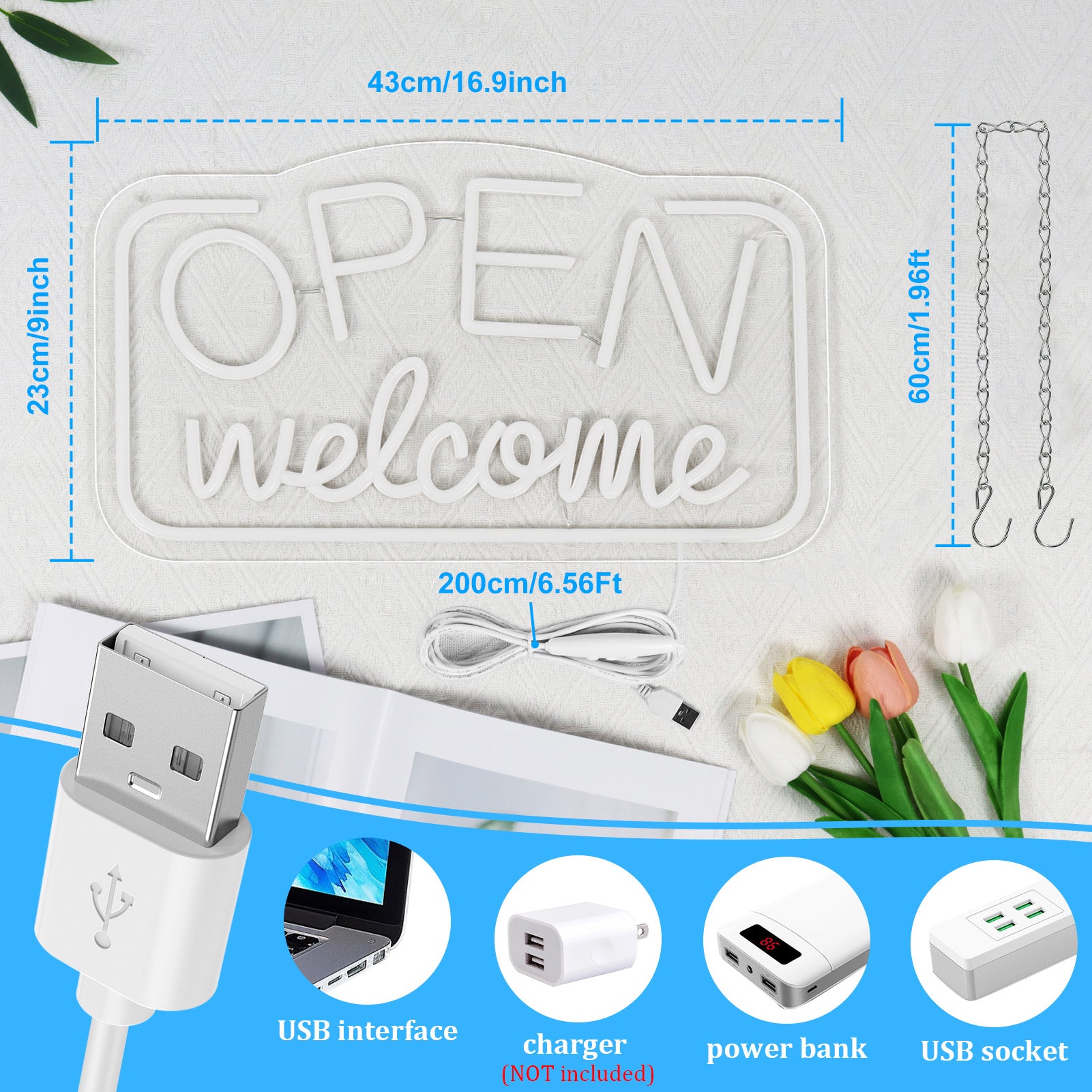 Neonschild „OPEN Welcome“ – USB-betrieben | 43×25 cm (17×10 Zoll) | LED-Licht für Schaufenster | 2 Farboptionen