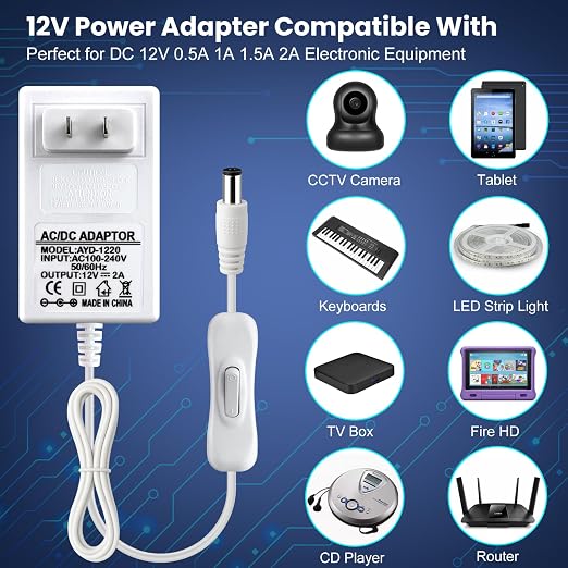 DC 12V Power Supply Adapter with On/Off Switch, 24W/36W Options, US Plug, White Housing, 100–240V AC Input, Wall Plug Charger for LED Strip Lights and Electronics